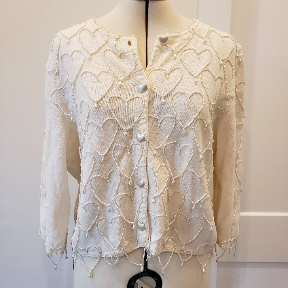 Vintage Elegant Cream Heart Pearl Beaded Cardigan